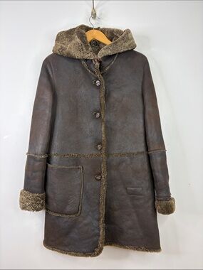 Shearling Leather Coat Womens Small Brown Sheepskin Hooded Jacket Retro 70s